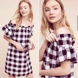 Corey Lynn Calter Off Shoulder Gingham Dress L | Anthropologie Linen Blend Dress